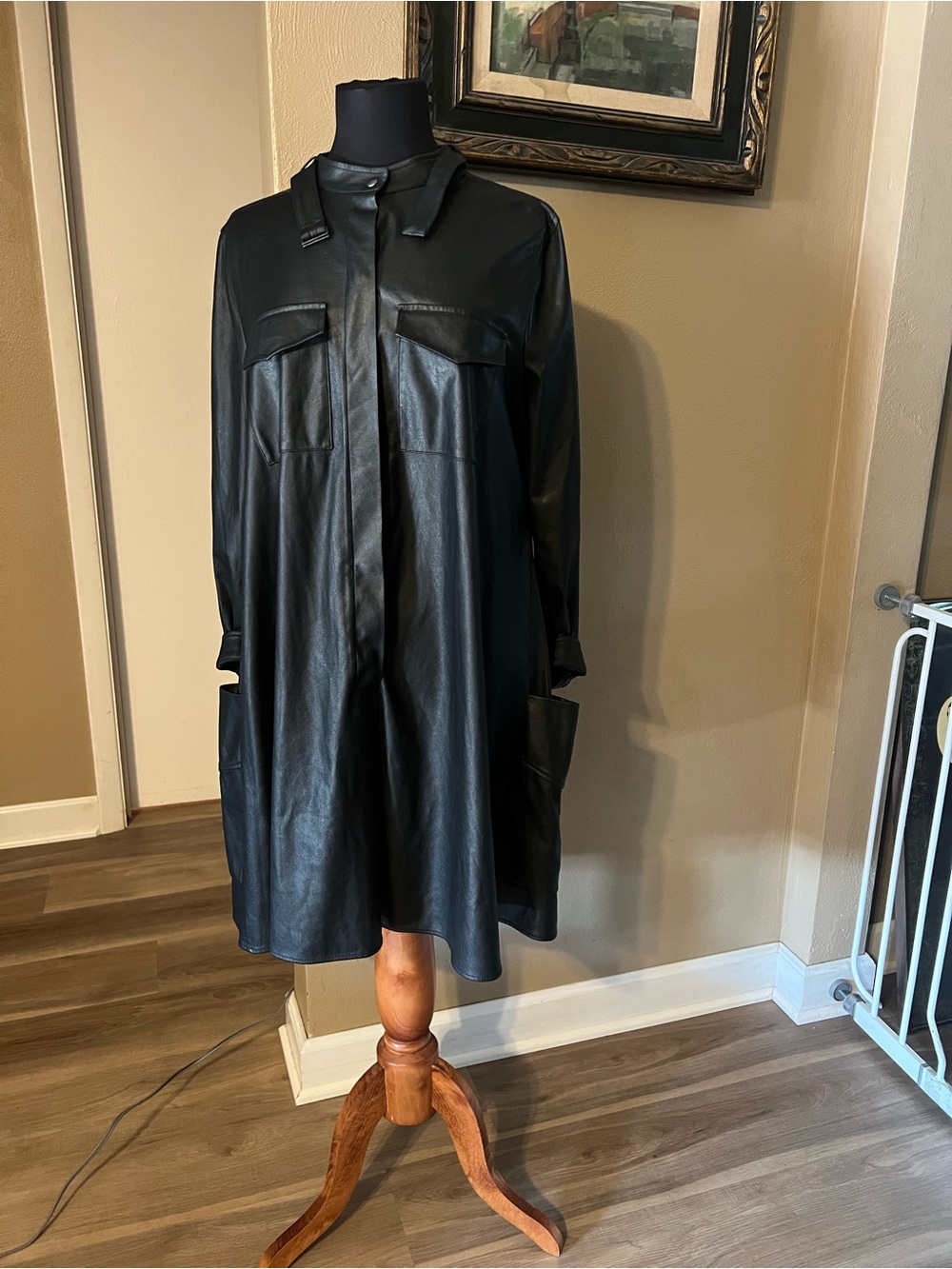 BCBGMaxAzria Black Long Faux Leather Coat with Utility Pockets Sz med